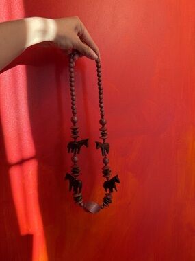 Vintage Wooden Horse Bead Necklace - Deep Brown